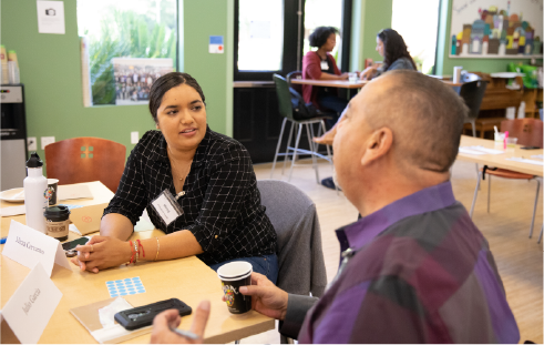 People at Community Capacity Building program event at tables, with a woman and man in the foreground having a discussion over coffee (Annual Letter, CZI).